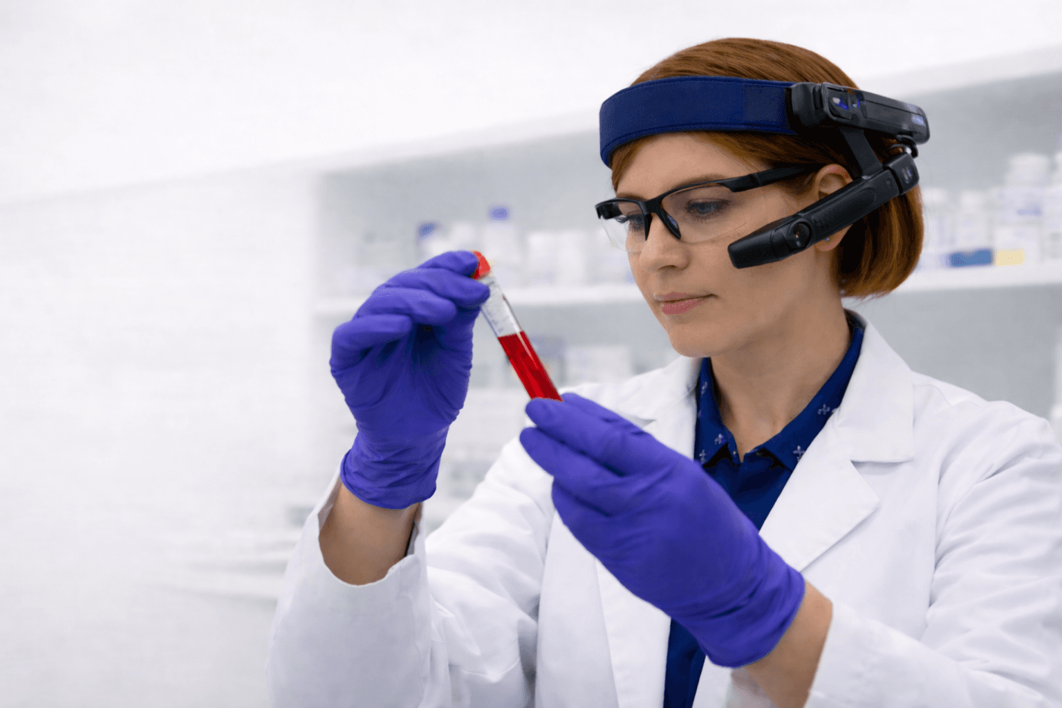 Lab professional using hands-free wearable headset